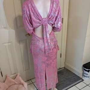 Janine EUC designer formal floral dress medium pink silver